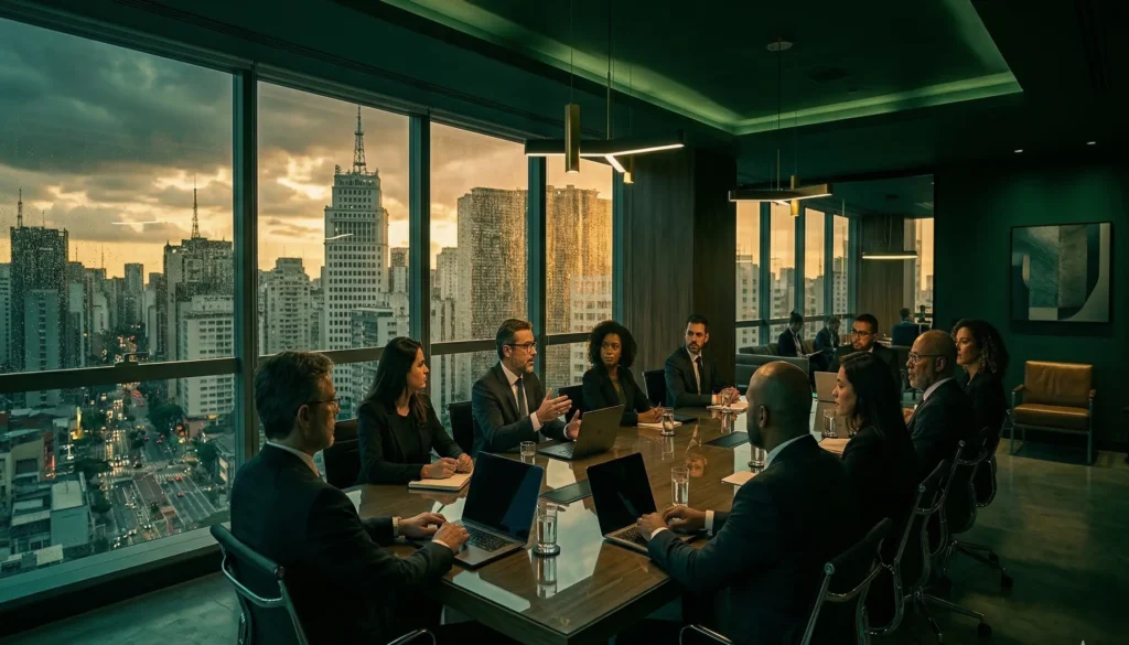 Reuniao corporativa em sala moderna com skyline de Sao Paulo - Consultoria CVM AAWZ