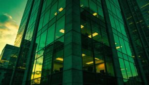 Torre corporativa ao entardecer — mercado de M&A de assessorias de investimentos | AAWZ Partners